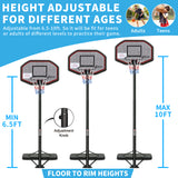 Portable Junior Basketball Hoop Stand Free with 43'' Backboard Height Adjustable 6.5ft-10ft