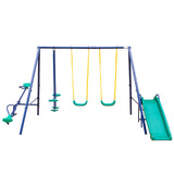 Metal Swing Set, 2 Seats,1 Swing Glider, 1 Slide and 1 Seesaw,Bench,Ages 3-8,71''Hight,Bench